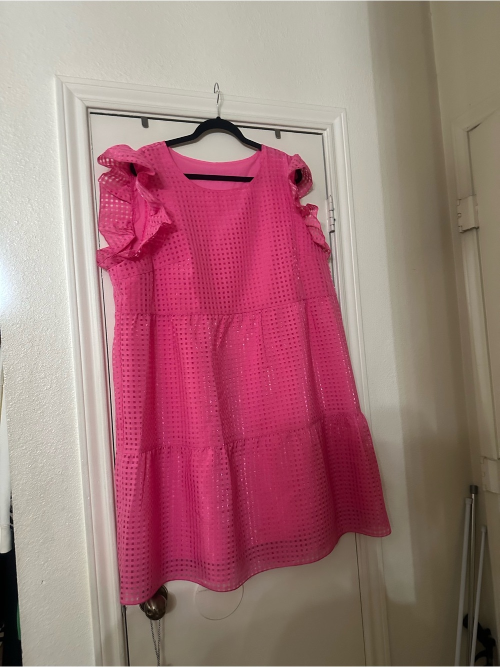 Bright Pink Ruffle Sleeve Tiered Dress